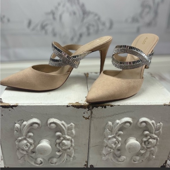 Classy Rhinestone Strap Suede Heel Pointed Toe Mules Aldo Noawia - Picture 1 of 14